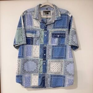 English Laundry Bandana Patchwork Shirt Mens XL‎ Blue Short Sleeve Boho Festival